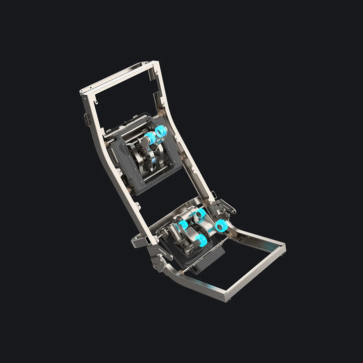 Osaki Trion Flex Duo 4D+3D Massage Chair in black. Internal view of dual-track 4D+3D roller mechanism with precision massage components.