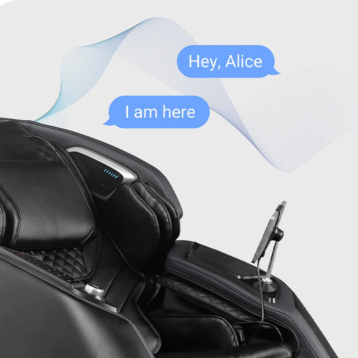 Osaki Trion Flex Duo 4D+3D Massage Chair in black. Close-up showing voice control function with “Hey, Alice” assistant interaction.