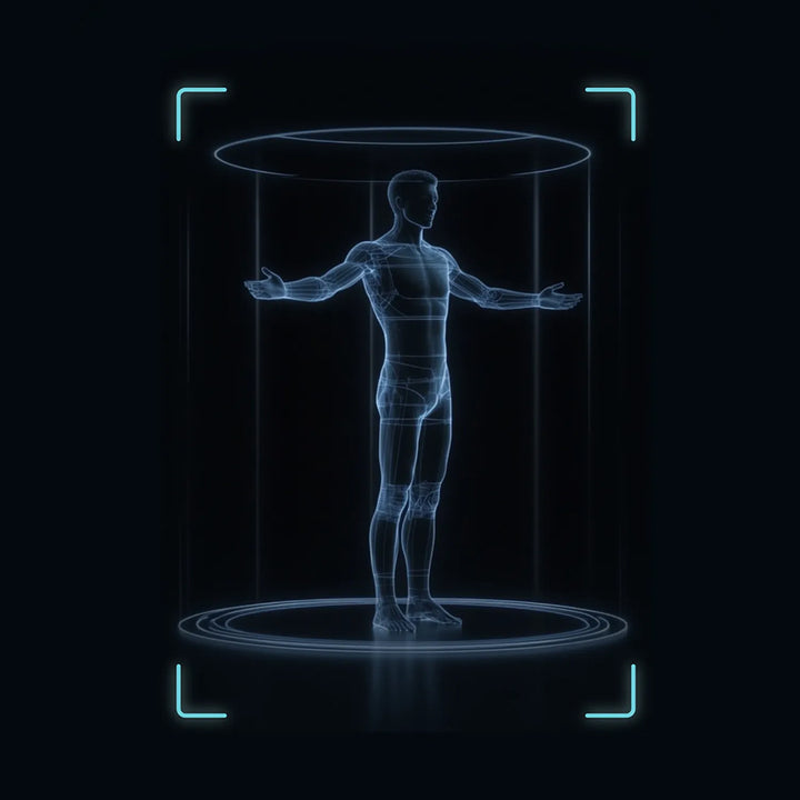 Osaki Trion Flex Duo 4D+3D Massage Chair in black. 3D scan illustration of body mapping technology for personalized massage.