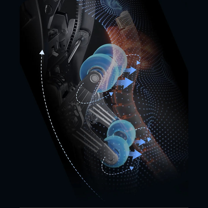 Osaki Trion Flex Duo 4D+3D Massage Chair in black. Graphic showing roller movement contouring to the spine with AI guidance.