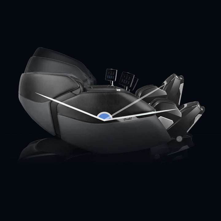 Osaki Trion Flex Duo 4D+3D Massage Chair in black. Reclining view with angle indicator demonstrating flexible positioning.