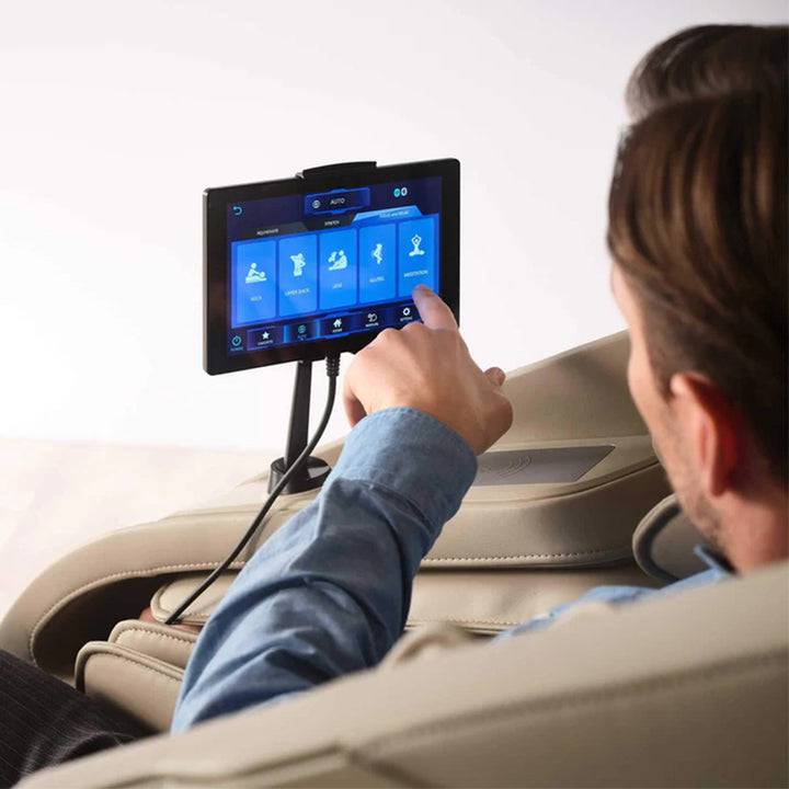 Cyber Relax Elite - 4D Flex Frame SL Track Massage Chair in sand showing touchscreen control tablet