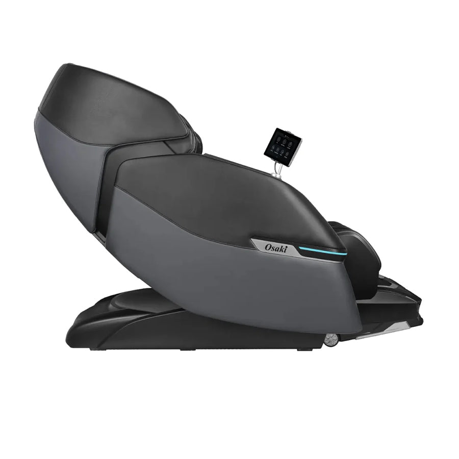 Osaki Trion Flex Duo 4D+3D Massage Chair in black. Side profile showing sleek, modern form with built-in touchscreen tablet.
