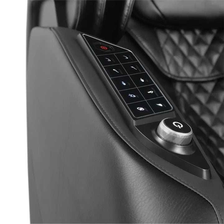 Osaki Trion Flex Duo 4D+3D Massage Chair in black. Close-up of illuminated side control panel with quick-access buttons.