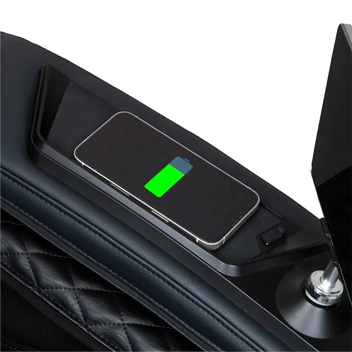 Osaki Trion Flex Duo 4D+3D Massage Chair in black. Smartphone charging on built-in wireless charging pad beside tablet holder.