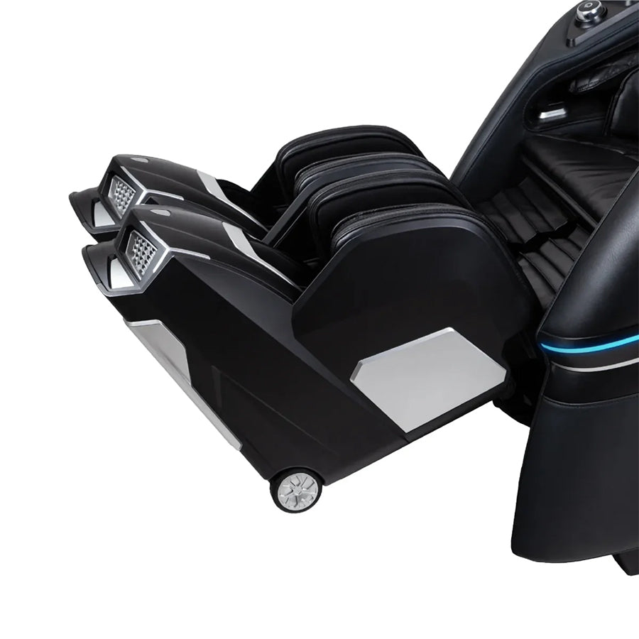 Osaki Trion Flex Duo 4D+3D Massage Chair in black. Side view of legrest with metallic accents and transport wheels.