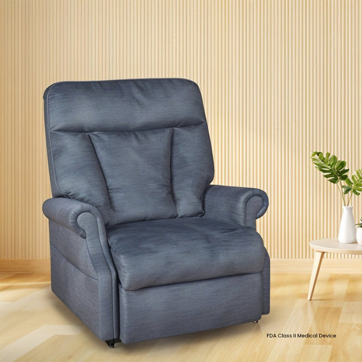 Mega Motion Bariatric MM-7305 Trio Tenacity Lift Chair in slate blue in a bright, modern room with wood accents from Wish Rock Relaxation.