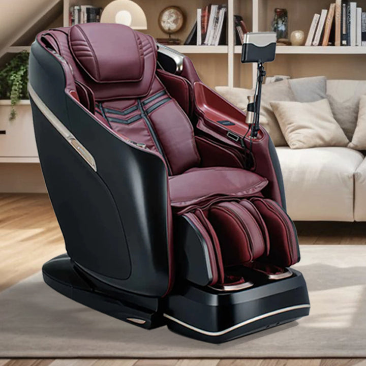 JPMedics KaZe Duo Massage Chair in black/burgundy and black finish shown in a cozy modern living room setting from Wish Rock Relaxation.