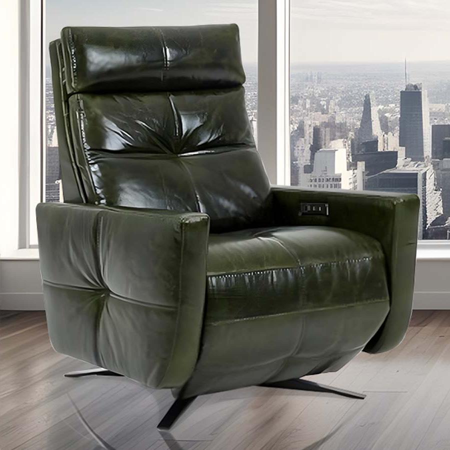 American Leather Comfort Air Rainier Solace Power Zero Gravity Recliner in Leather Tier H Mont Blanc Evergreen; Lifestyle image in a room with fantastic view from Wish Rock Relaxation