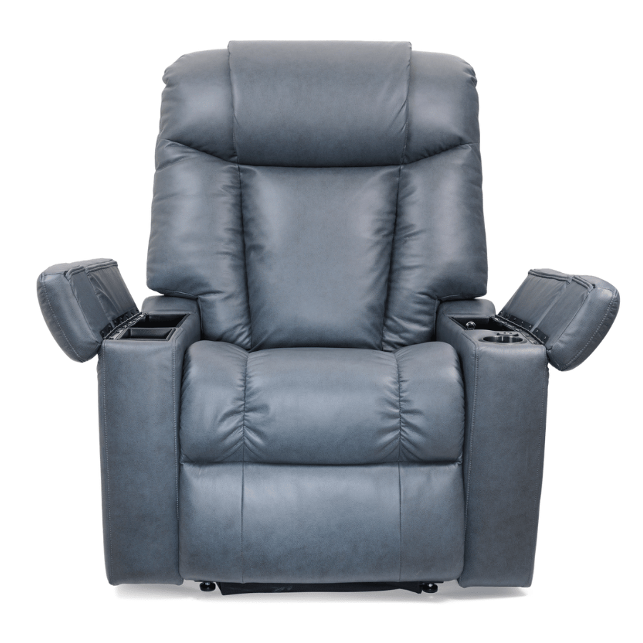 UltraCozy UC677 Medium 5-Zone Power Recliner in gray with open arm storage and cupholders from Wish Rock Relaxation
