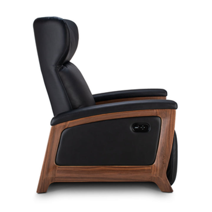 Svago Motion Mastery Lounge Chair (SV700) X1-700 in black leather with walnut frame shown from the side.