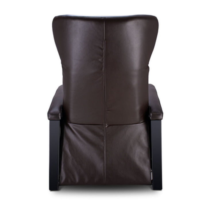 Svago Motion Mastery Lounge Chair (SV700) X1-700 in dark brown leather with black wood frame shown from the back.