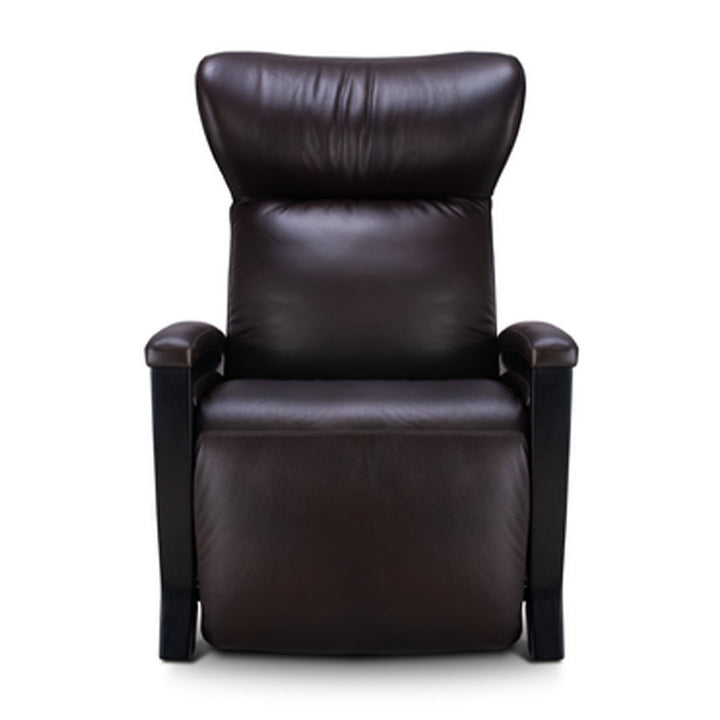 Svago Motion Mastery Lounge Chair (SV700) X1-700 in dark brown leather with black arms shown from the front.