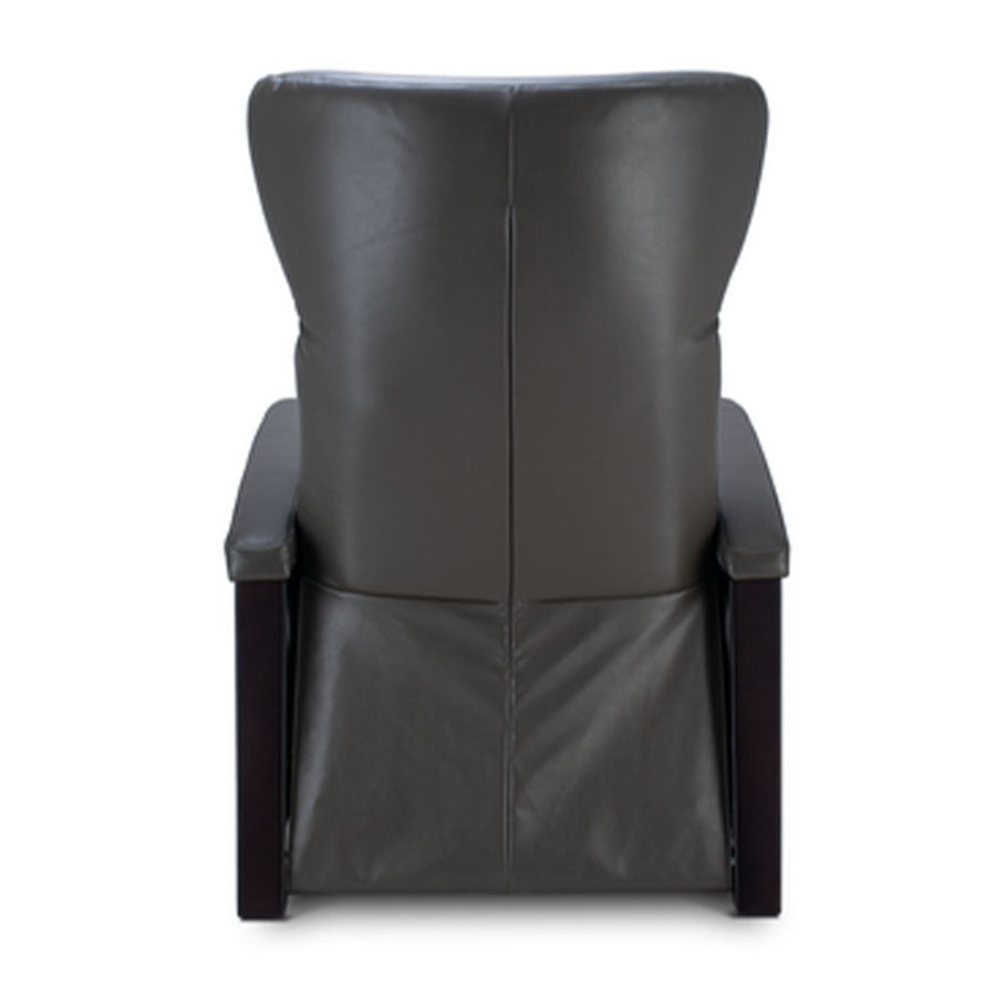Svago Motion Mastery Lounge Chair (SV700) X1-700 in gray leather with dark wood frame shown from the back.