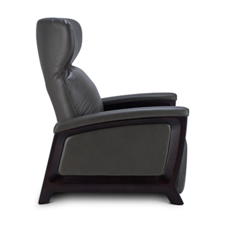 Svago Motion Mastery Lounge Chair (SV700) X1-700 in gray leather with dark wood side panels shown from the side.