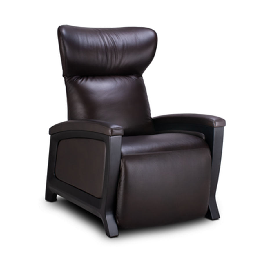Svago Motion Mastery Lounge Chair (SV700) X1-700 in dark brown leather and black wood finish at a three-quarter angle from Wish Rock Relaxation.

