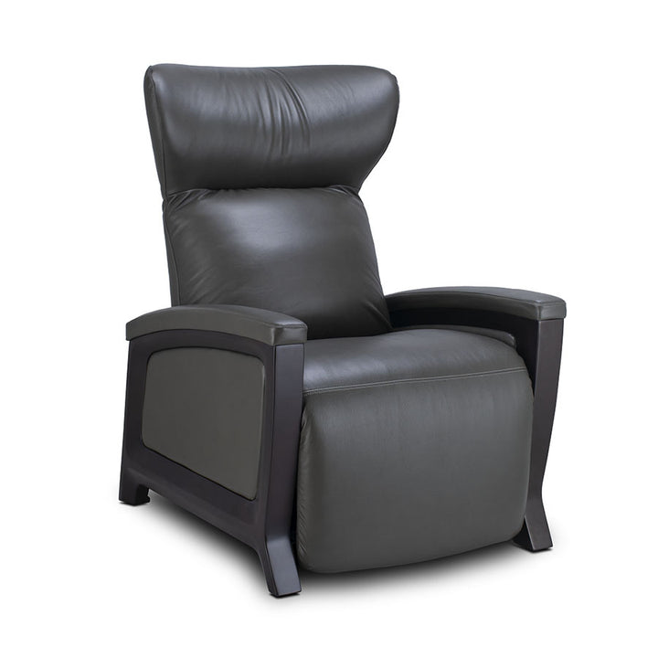 Svago Motion Mastery Lounge Chair (SV700) X1-700 in gray leather and dark wood finish at a three-quarter angle from Wish Rock Relaxation.