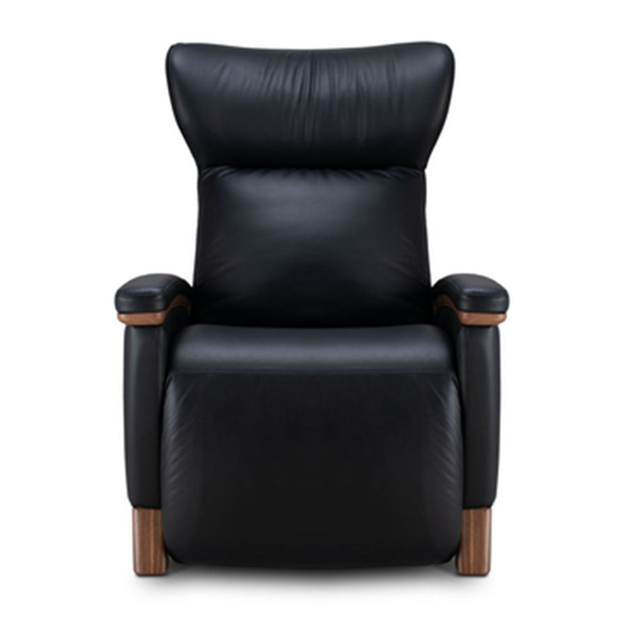 Svago Motion Mastery Lounge Chair (SV700) X2-701 in black leather with walnut accents shown from the front.