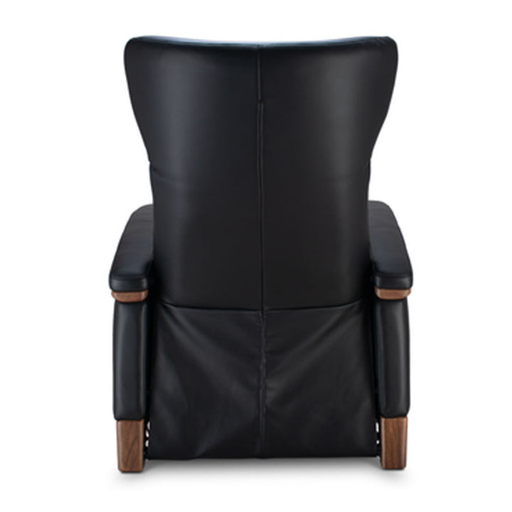 Svago Motion Mastery Lounge Chair (SV700) X2-701 in black leather with walnut base shown from the back.