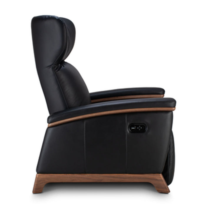 Svago Motion Mastery Lounge Chair (SV700) X2-701 in black leather with walnut trim shown from the side.