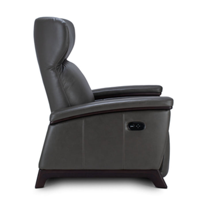 Svago Motion Mastery Lounge Chair (SV700) X2-701 in gray leather with dark wood base shown from the side.