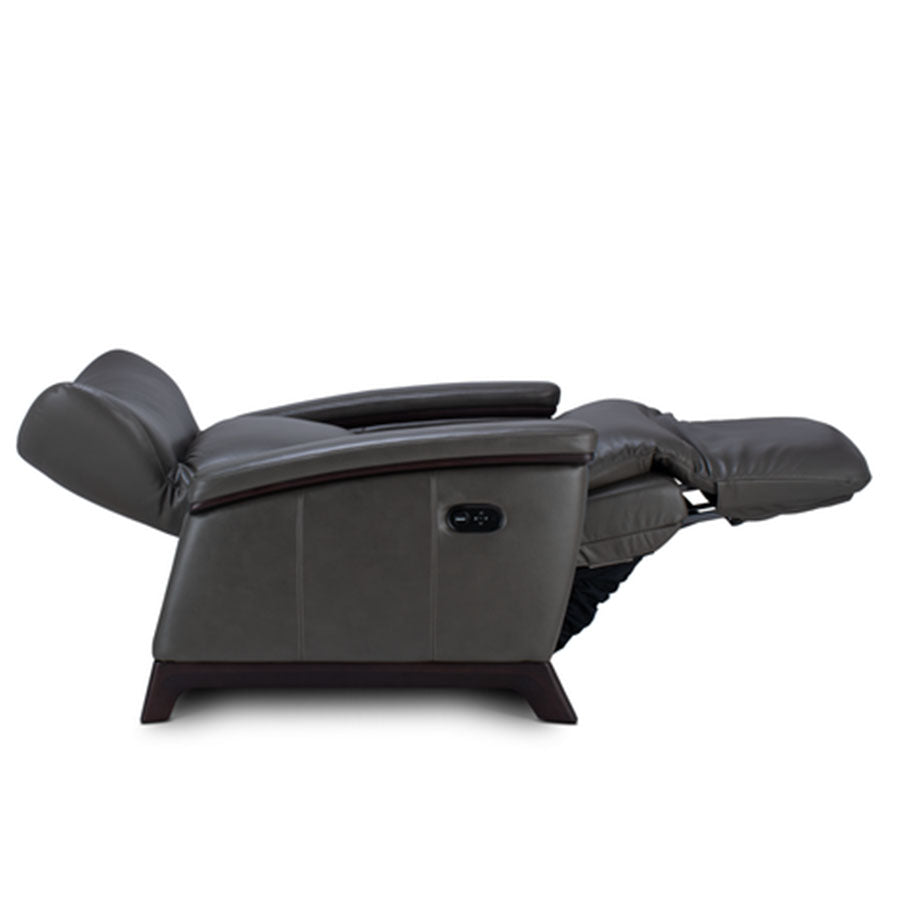 Svago Motion Mastery Lounge Chair (SV700) X2-701 in gray leather with dark wood base fully extended in zero gravity position.