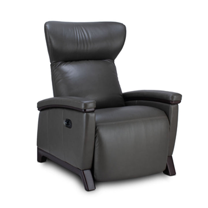 Svago Motion Mastery Lounge Chair (SV700) X2-701 n gray leather with dark wood base shown from the side from Wish Rock Relaxation.