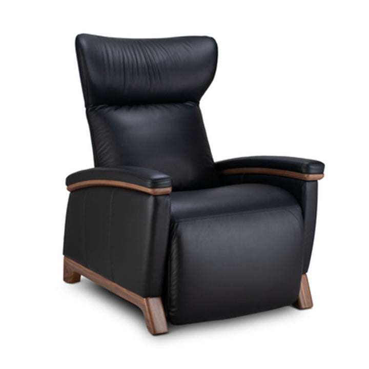 Svago Motion Mastery Lounge Chair (SV700) X2-701 in black leather with walnut base shown from the back at a three-quarter angle from Wish Rock Relaxation.