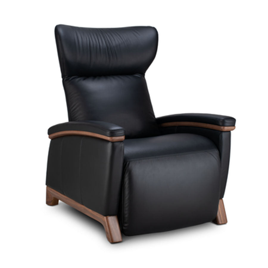 Svago Motion Mastery Lounge Chair (SV700) X2-701 in black leather with walnut base shown from the back at a three-quarter angle from Wish Rock Relaxation.