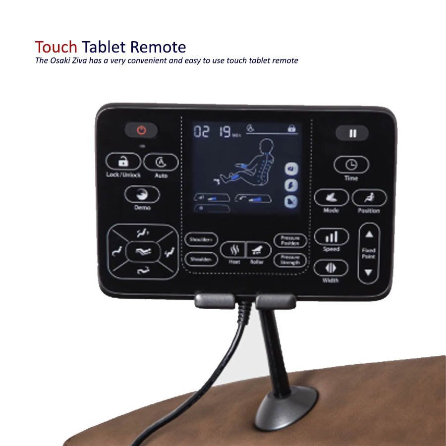 Osaki Ziva Massage Chair closeup of touchscreen tablet remote for ease of use.