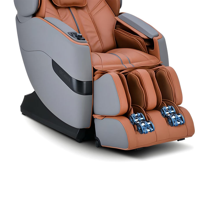 Ogawa Master Drive LE (OG 8100) in brown and gray showing dual foot roller massage units extended from Wish Rock Relaxation