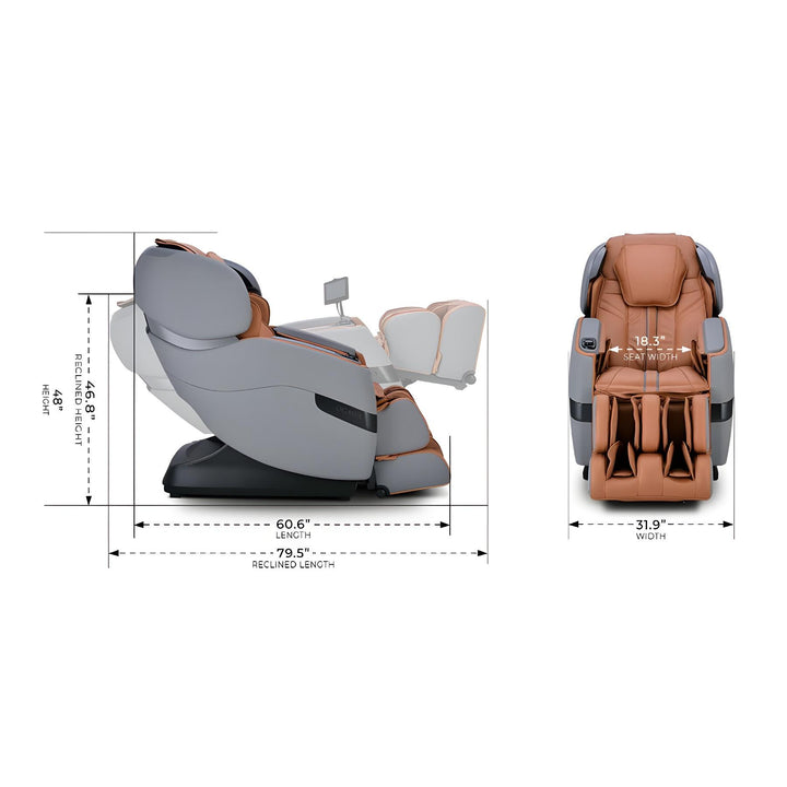 Ogawa Master Drive LE massage chair  (OG 8100) dimensions including height, width, and reclined length