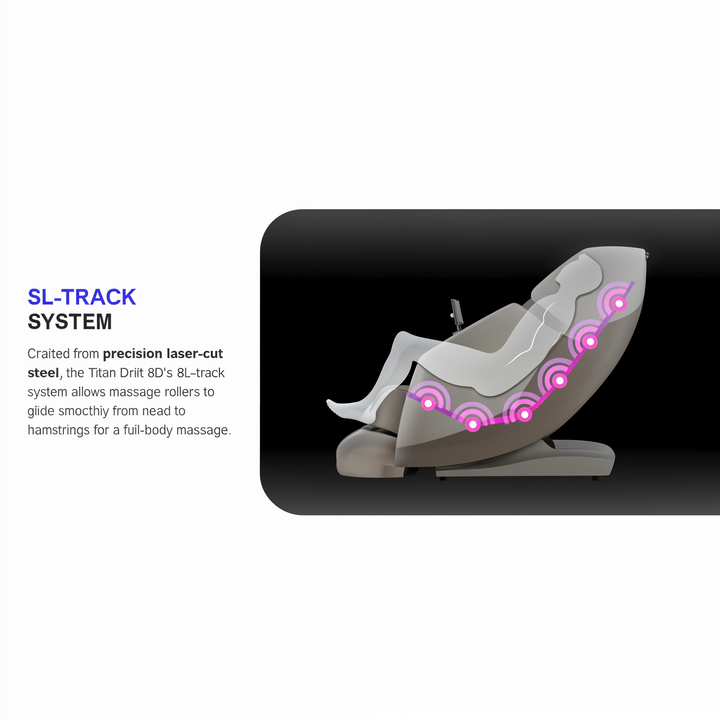 Titan Drift 3D Massage Chair SL-track system glides rollers from neck to hamstrings for full-body massage coverage.