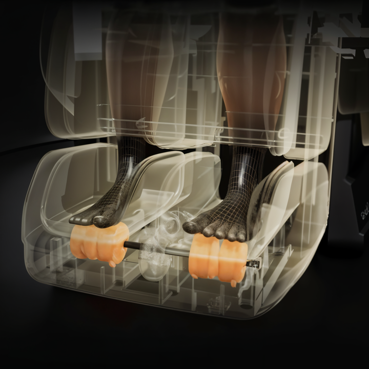 Titan Drift 3D Massage Chair in taupe shown in reclined position with footrest extended from Wish Rock Relaxation.