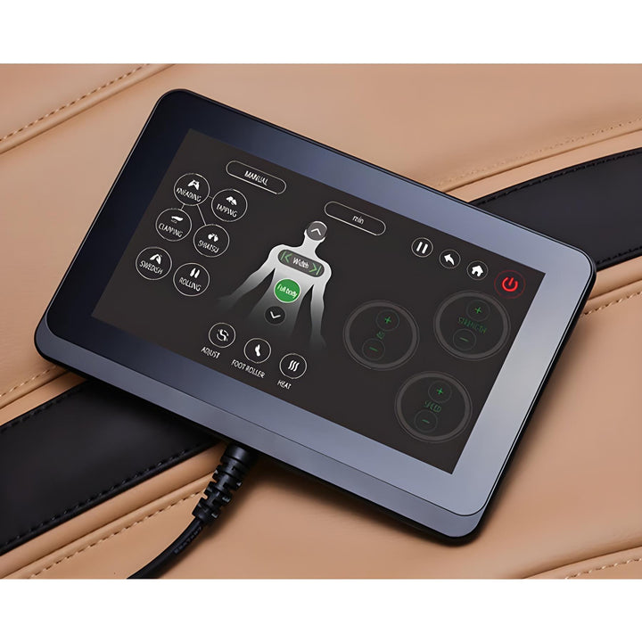 Ogawa Master Drive AI 2.0 4D Massage Chair (OG 8801) touchscreen showing manual massage zone and intensity controls.