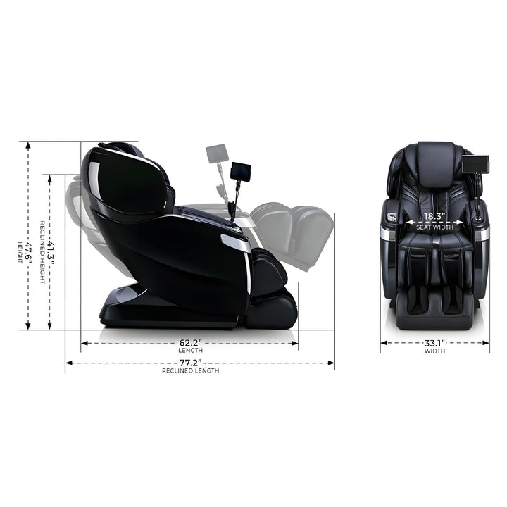 Ogawa Master Drive AI 2.0 4D Massage Chair (OG 8801) showing full dimensions and recline range.