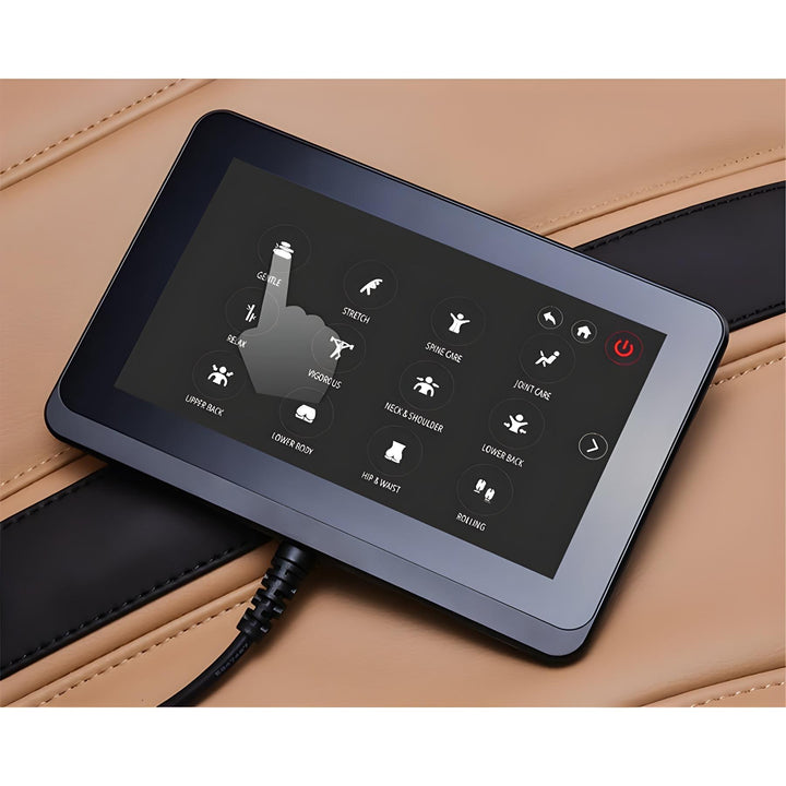 Ogawa Master Drive AI 2.0 4D Massage Chair (OG 8801) showing chrome control dial and massage zone buttons on armrest.