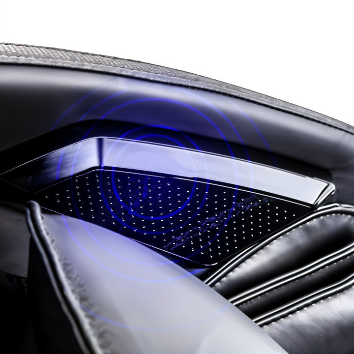 Osaki OS-Pro Yamato Massage Chair close-up of built-in speaker with blue sound waves.