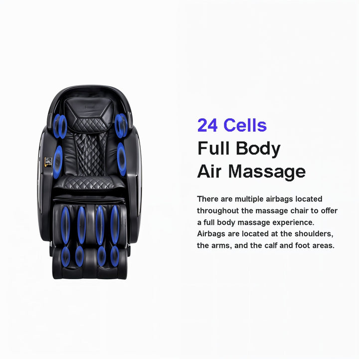 Osaki OS-Pro Yamato Massage Chair showing 24 blue airbag locations for full body compression massage.