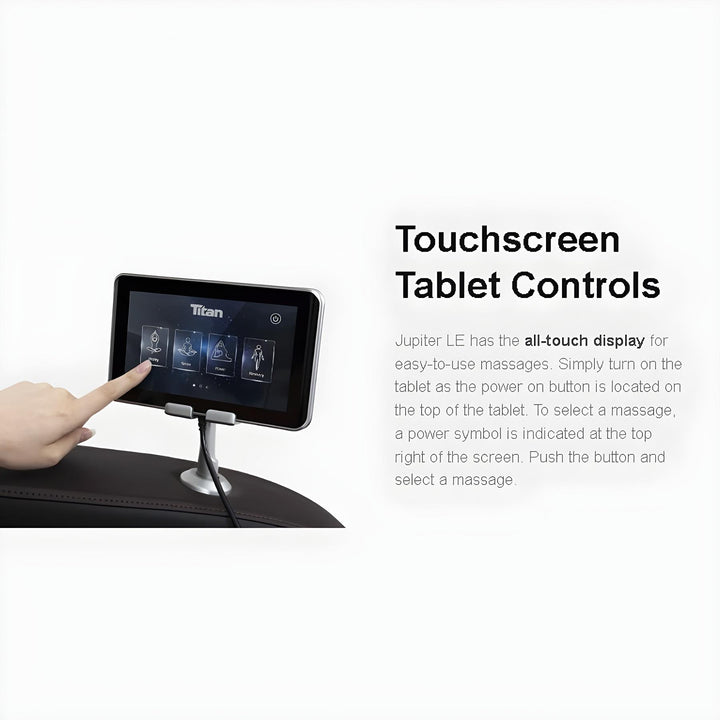 Titan Pro Jupiter LE Premium Massage Chair touchscreen tablet control for massage selection from Wish Rock Relaxation