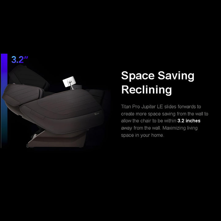 Titan Pro Jupiter LE Premium Massage Chair in space-saving recline position 3.2" from wall from Wish Rock Relaxation.