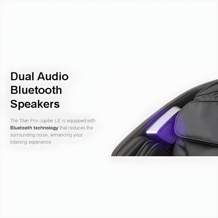 Titan Pro Jupiter LE Premium Massage Chair Bluetooth speakers near headrest from Wish Rock Relaxation.