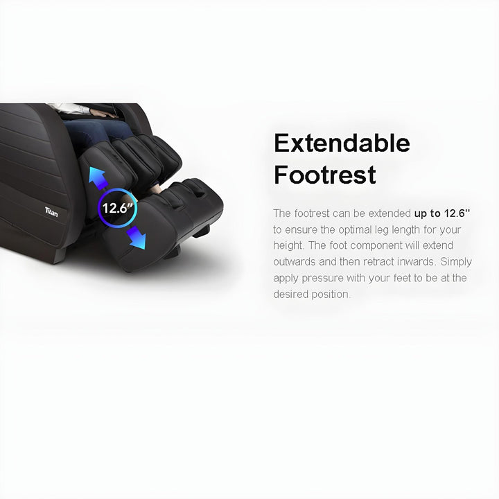 Titan Pro Jupiter LE Premium Massage Chair footrest extended to 12.6 inches for height adjustment from Wish Rock Relaxation.