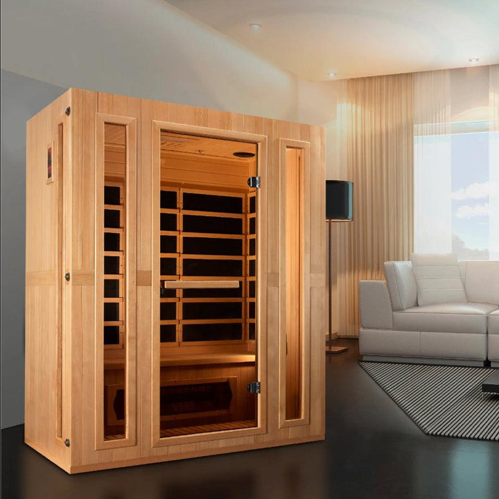 Maxxus "Trinity" Dual Tech 3-Person Corner Low EMF FAR Infrared Sauna - Canadian Hemlock - Wish Rock Relaxation