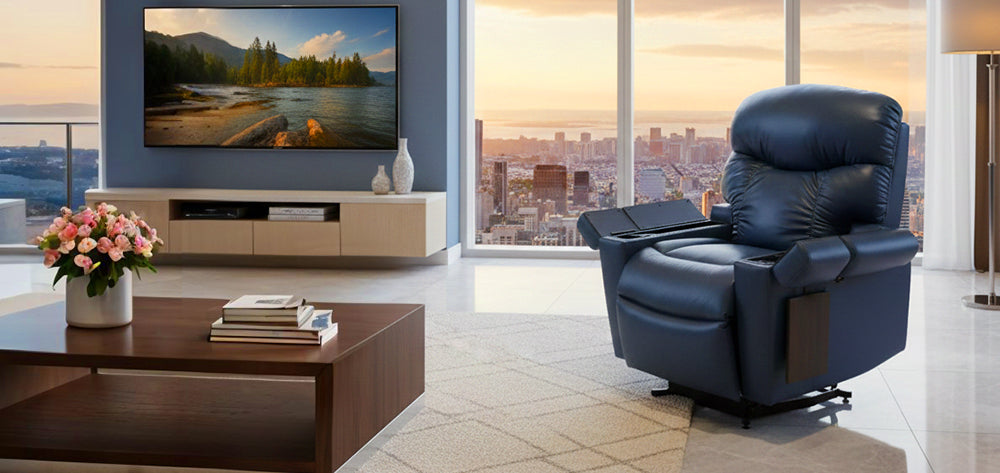 UltraComfort™ UC576 Alora Medium 5-Zone Power Lift Chair w/ Nirvana Heat-Massage in navy shown in a modern living room at sunset from Wish Rock Relaxation.