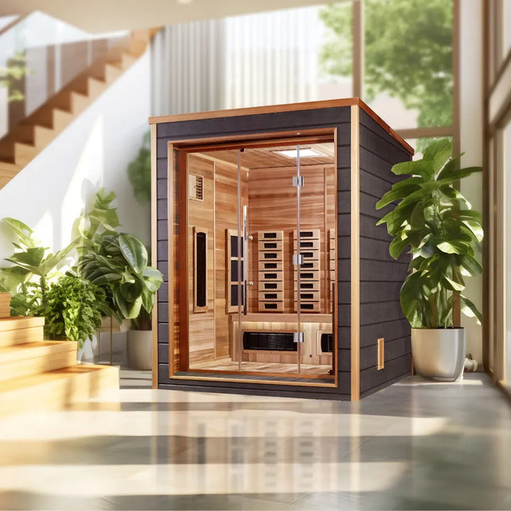 Golden Designs Visby 3 Person Hybrid Outdoor Sauna - Canadian Red Cedar - Lifestyle 