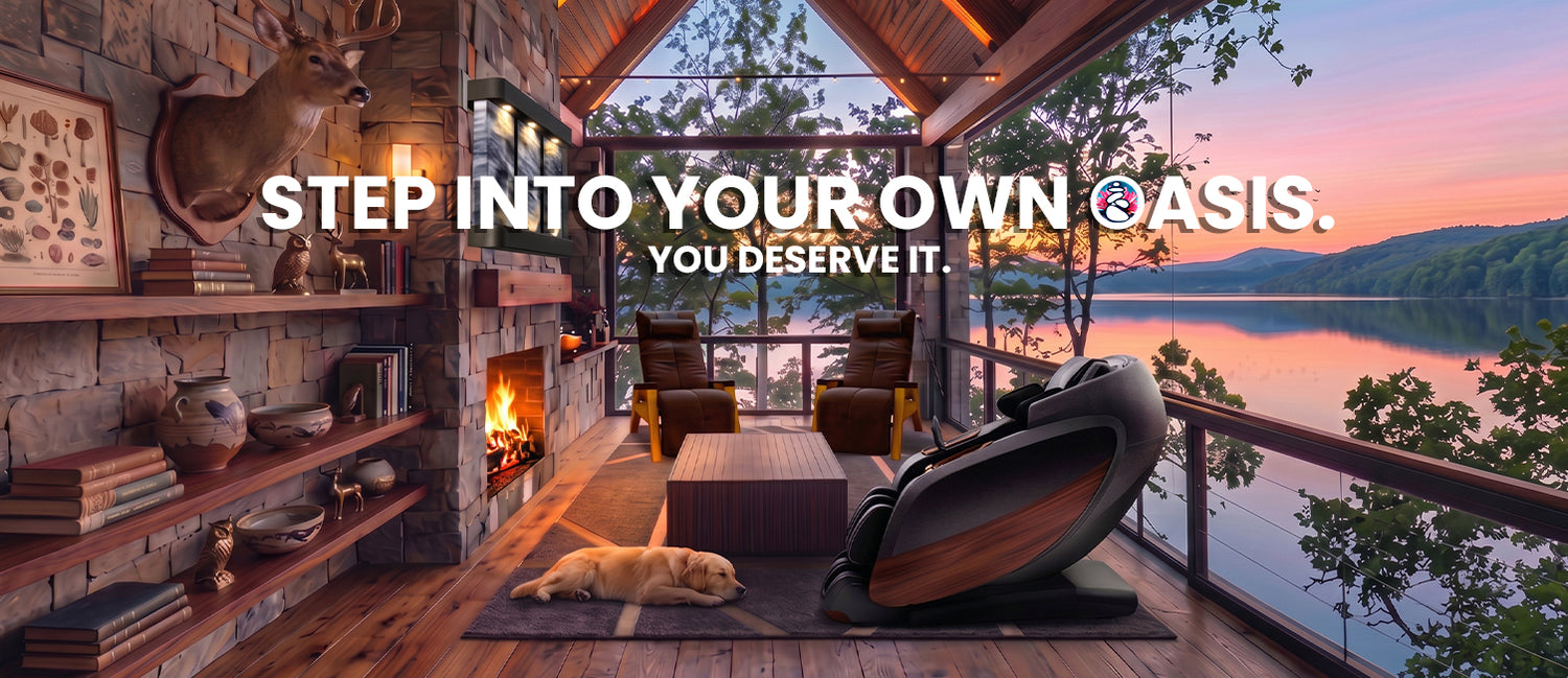 Positive Posture DualTech Pro AI massage chair in a luxury lakefront cabin retreat with cozy fireplace — Wish Rock Relaxation summer wellness collection