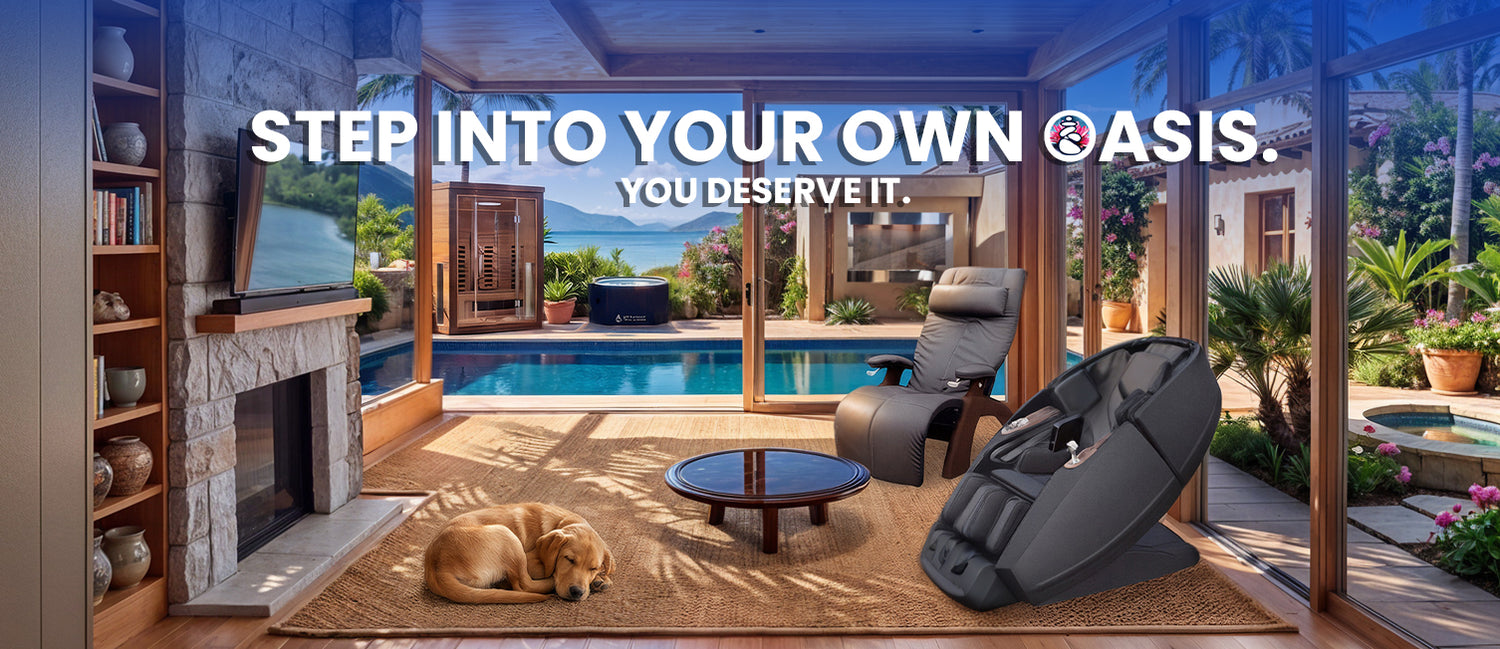 Sunlit indoor-outdoor living room opening onto a poolside summer oasis, with a sauna, cold plunge, and water feature by the palm-lined pool, and a Supreme Hybrid X massage chair beside a Human Touch PC-365 zero gravity recliner for relaxing in the summer breeze.
