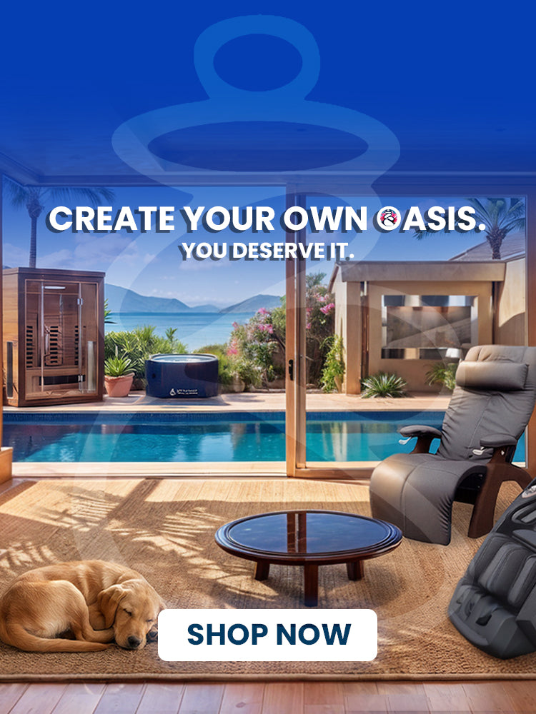 Sunlit indoor-outdoor living room opening onto a poolside summer oasis, with a sauna, cold plunge, and water feature by the palm-lined pool, and a Supreme Hybrid X massage chair beside a Human Touch PC-365 zero gravity recliner for relaxing in the summer breeze.