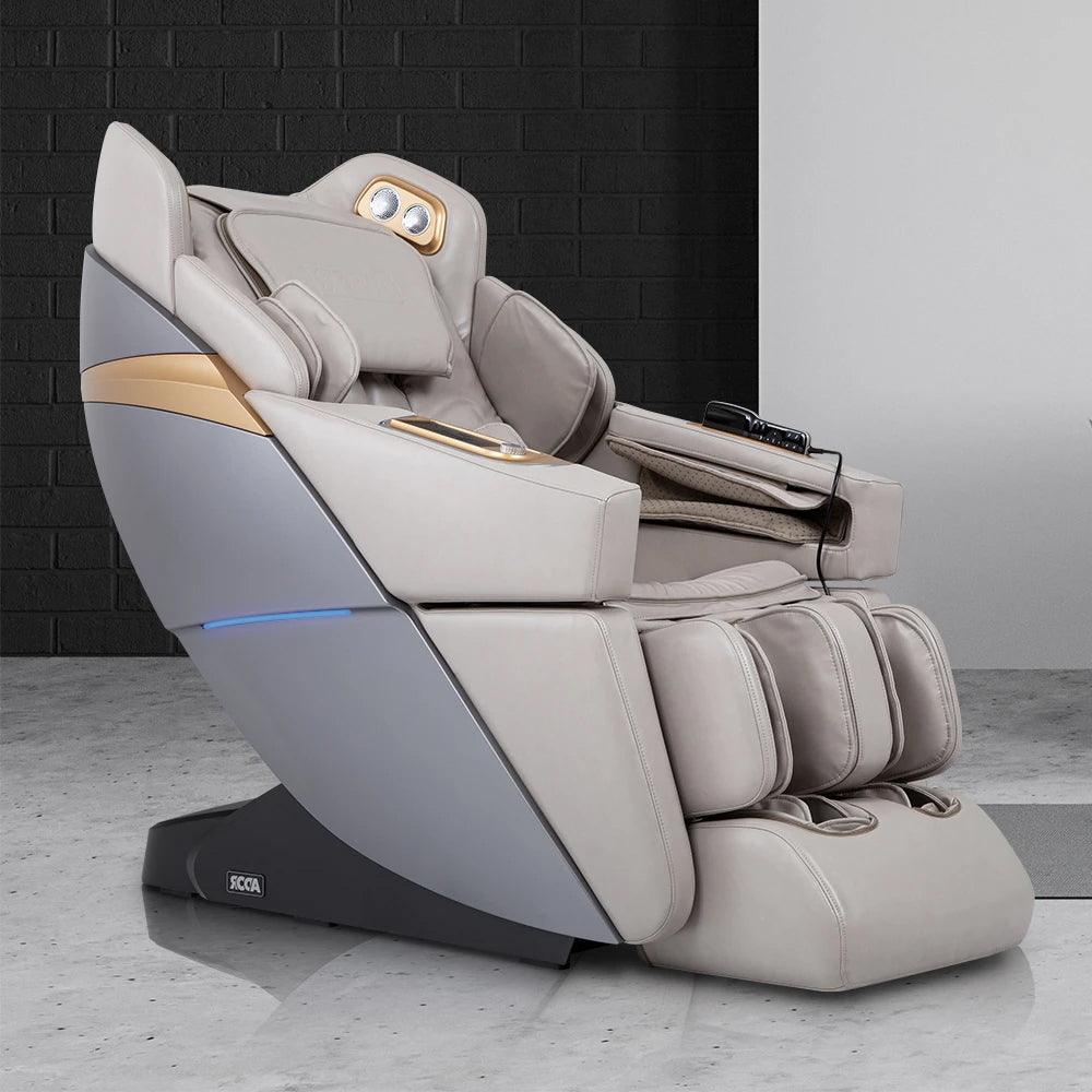 Ador 3D Allure Massage Chair by Titan Osaki in Taupe color; lifestyle image in a basic space from Wish Rock Relaxation